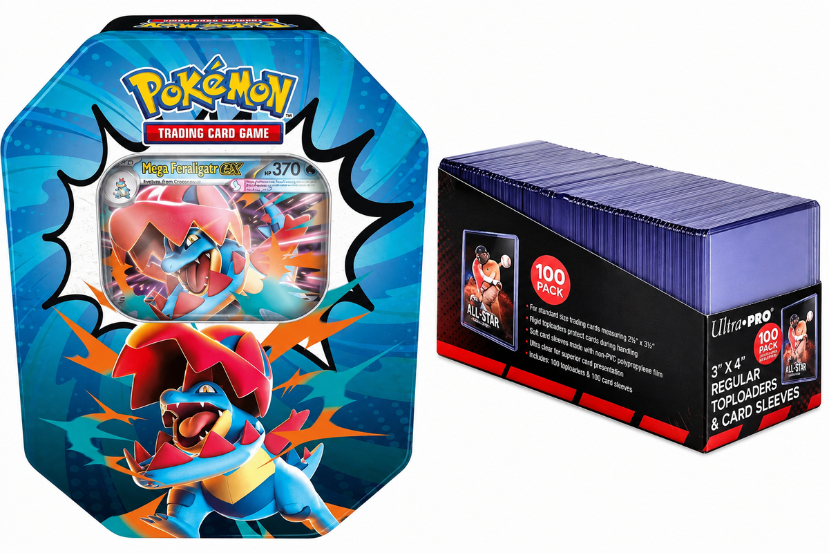 PRE ORDER Pokémon Ascended Heroes Tin [Mega Feraligatr ex] Protection Bundle!