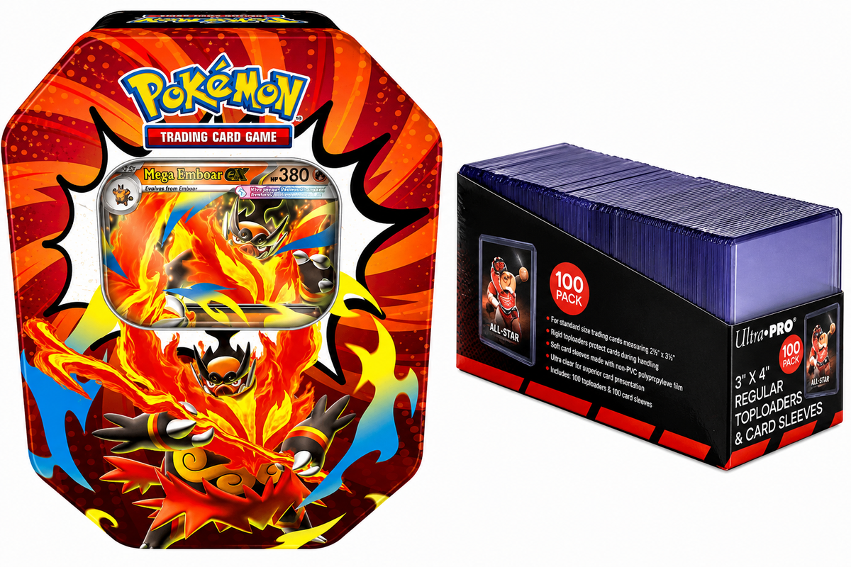 PRE ORDER Pokémon Ascended Heroes Tin [Mega Emboar ex] Protection Bundle!